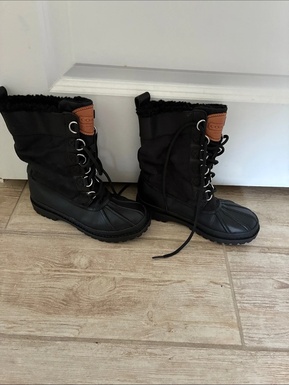 Coach Black Lace-Up Winter Boots with Brown Logo Patch